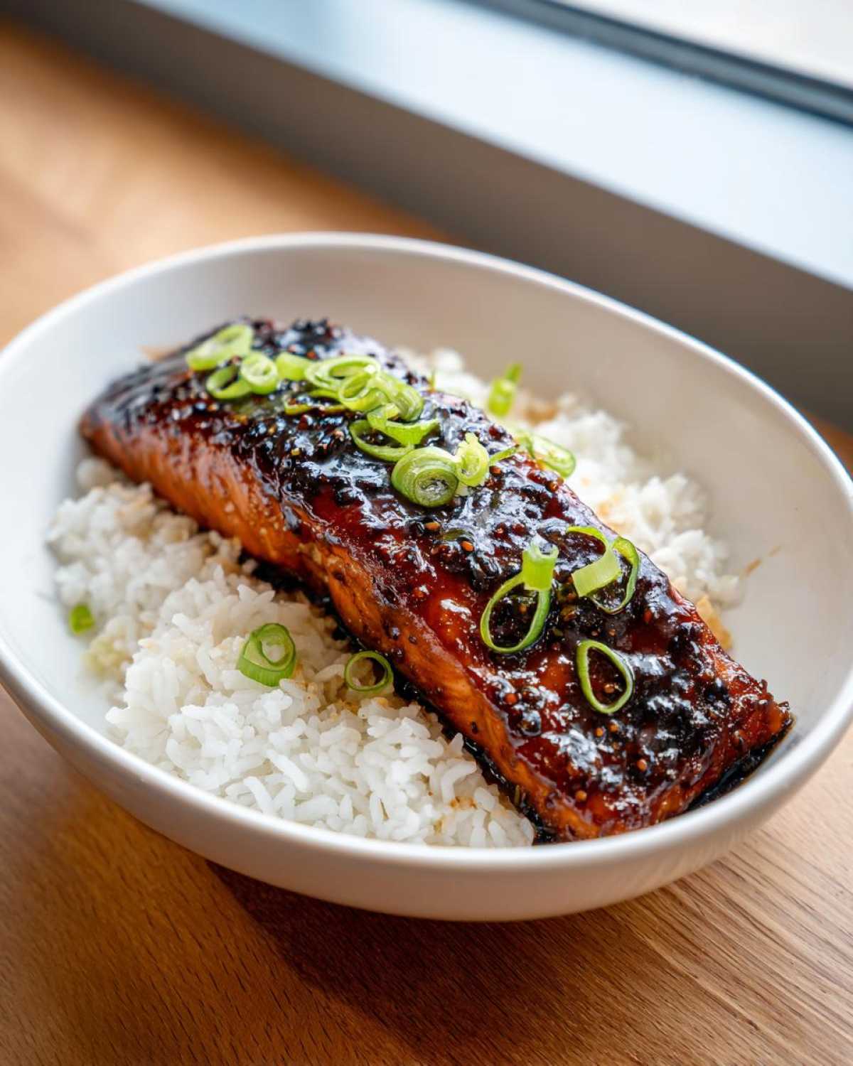 A perfectly cooked fillet of Sticky Honey Soy Salmon glazed with a dark sauce, served over white rice and topped with sliced green onions.
