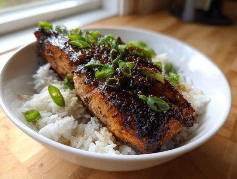 A perfectly cooked fillet of Sticky Honey Soy Salmon served over white rice and garnished with sliced green onions.
