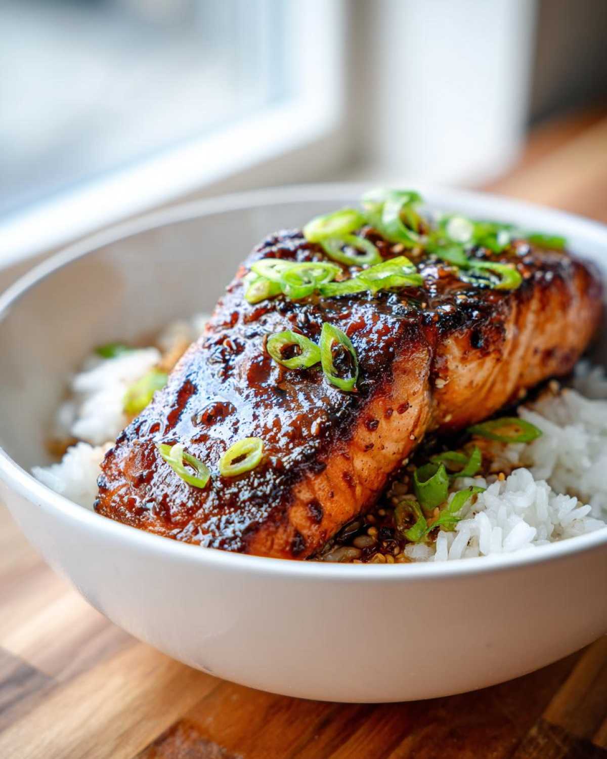 A close-up of a perfectly cooked piece of Sticky Honey Soy Salmon resting on white rice in a bowl, topped with green onions.