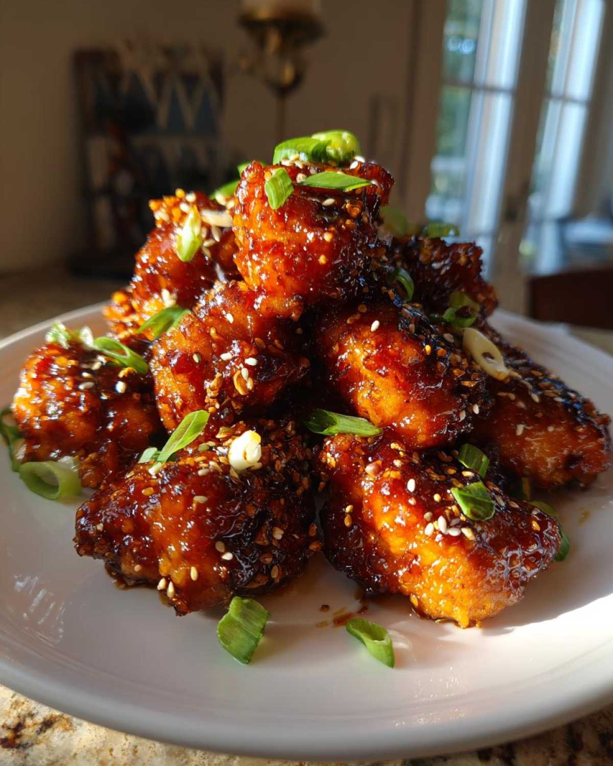A mound of glistening Sticky Orange Chicken Better Than Takeout pieces, garnished with sesame seeds and sliced green onions.