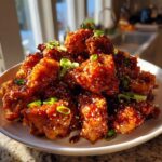A mound of crispy, glazed Sticky Orange Chicken Better Than Takeout sprinkled with sesame seeds and green onions.