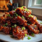 A mound of crispy, glazed Sticky Orange Chicken Better Than Takeout garnished with sesame seeds and green onions on a white plate.