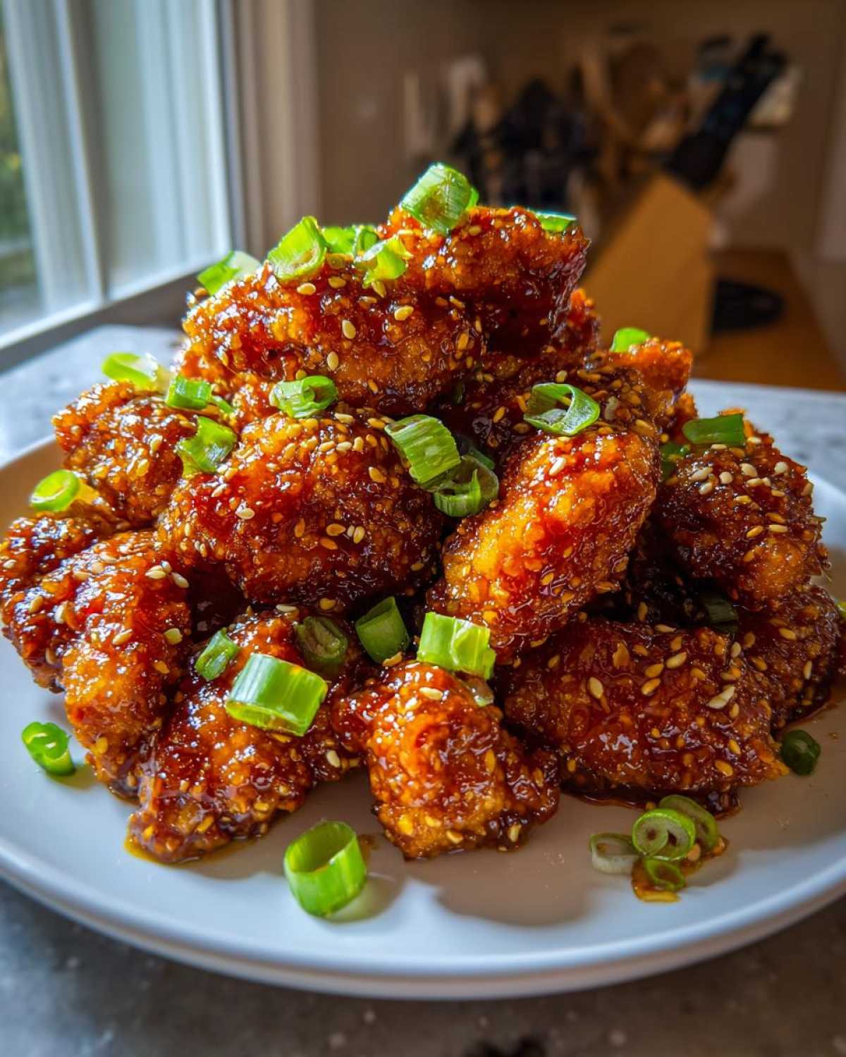 A mound of glistening, crispy Sticky Orange Chicken Better Than Takeout garnished with sesame seeds and sliced green onions.