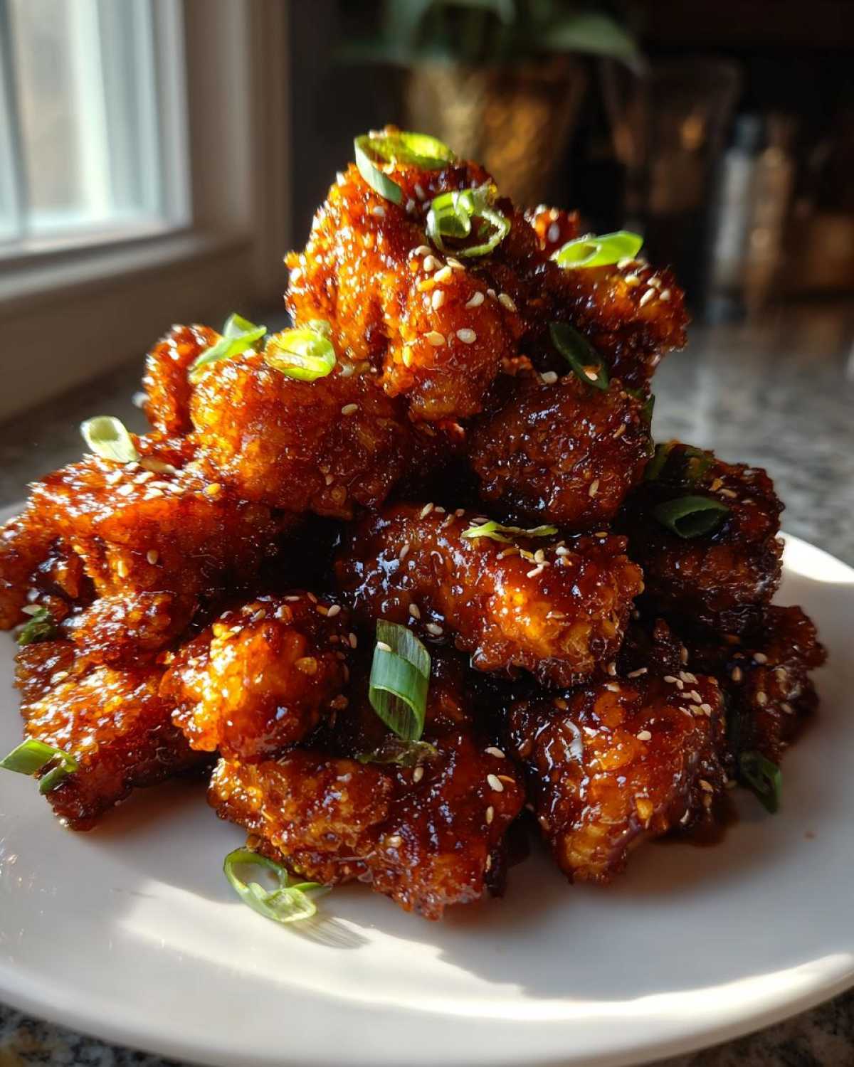 A pile of crispy, glazed Sticky Orange Chicken Better Than Takeout, garnished with sesame seeds and sliced green onions.