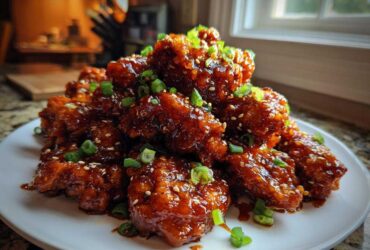 A mound of crispy, glazed Sticky Orange Chicken Better Than Takeout garnished with sesame seeds and green onions on a white plate.