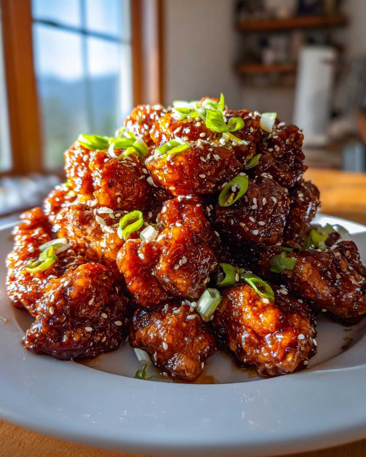 A mound of glistening Sticky Orange Chicken Better Than Takeout pieces garnished with sesame seeds and sliced green onions.