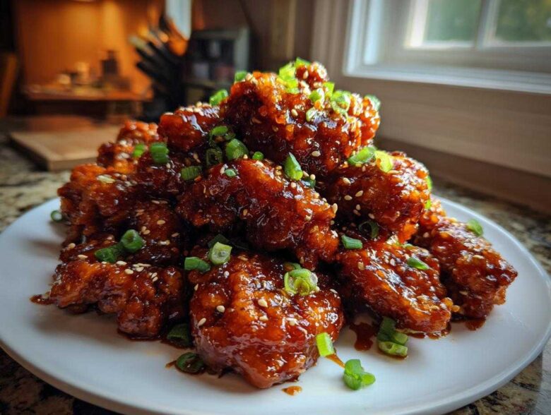 A mound of crispy, glazed Sticky Orange Chicken Better Than Takeout garnished with sesame seeds and green onions on a white plate.