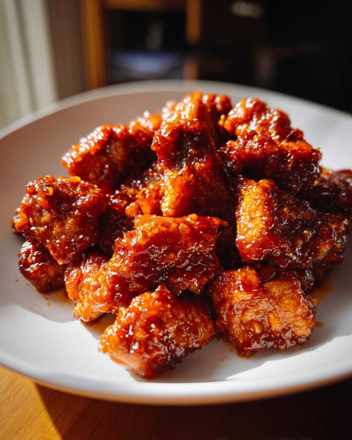 A mound of glistening, saucy Sticky Orange Chicken Thighs Better Than Takeout pieces piled on a white plate.
