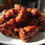 A pile of deeply glazed, crispy Sticky Orange Chicken Thighs Better Than Takeout served on a white plate.