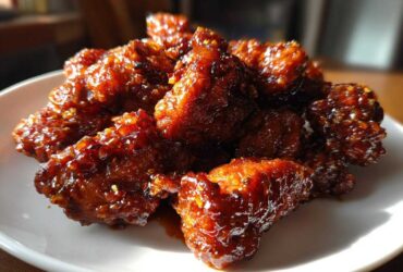 A pile of deeply glazed, crispy Sticky Orange Chicken Thighs Better Than Takeout served on a white plate.