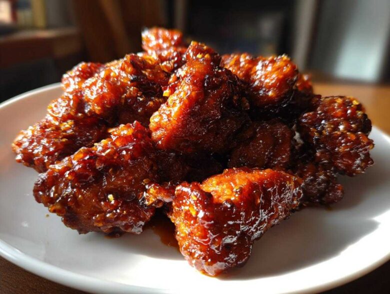 A pile of deeply glazed, crispy Sticky Orange Chicken Thighs Better Than Takeout served on a white plate.