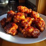 A close-up of crispy chicken pieces coated in a thick, glossy sauce, representing Sticky Orange Chicken Thighs Better Than Takeout.