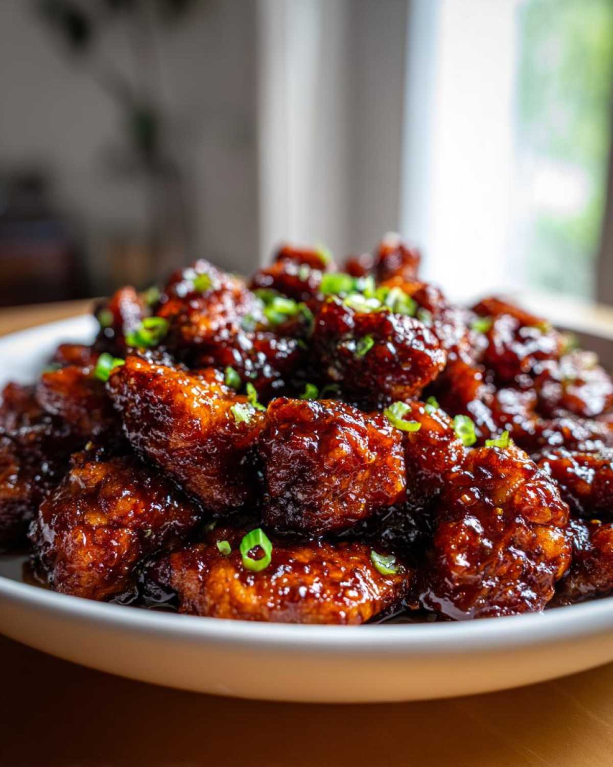 A close-up of crispy, glazed Sticky Orange Chicken Thighs piled high in a white bowl and garnished with sliced green onions.