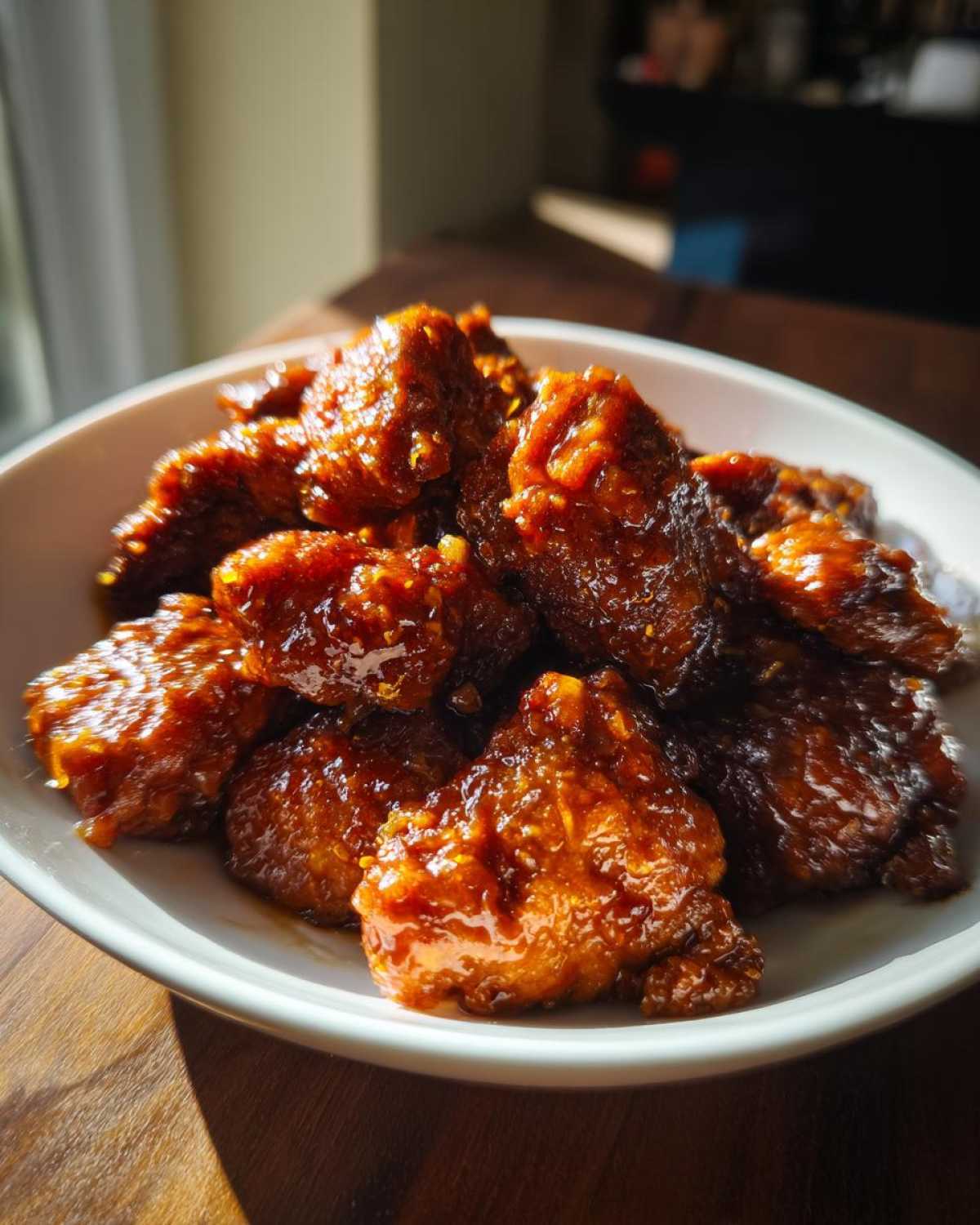 A close-up of crispy, glazed Sticky Orange Chicken Thighs piled high in a white bowl, glistening under natural light.