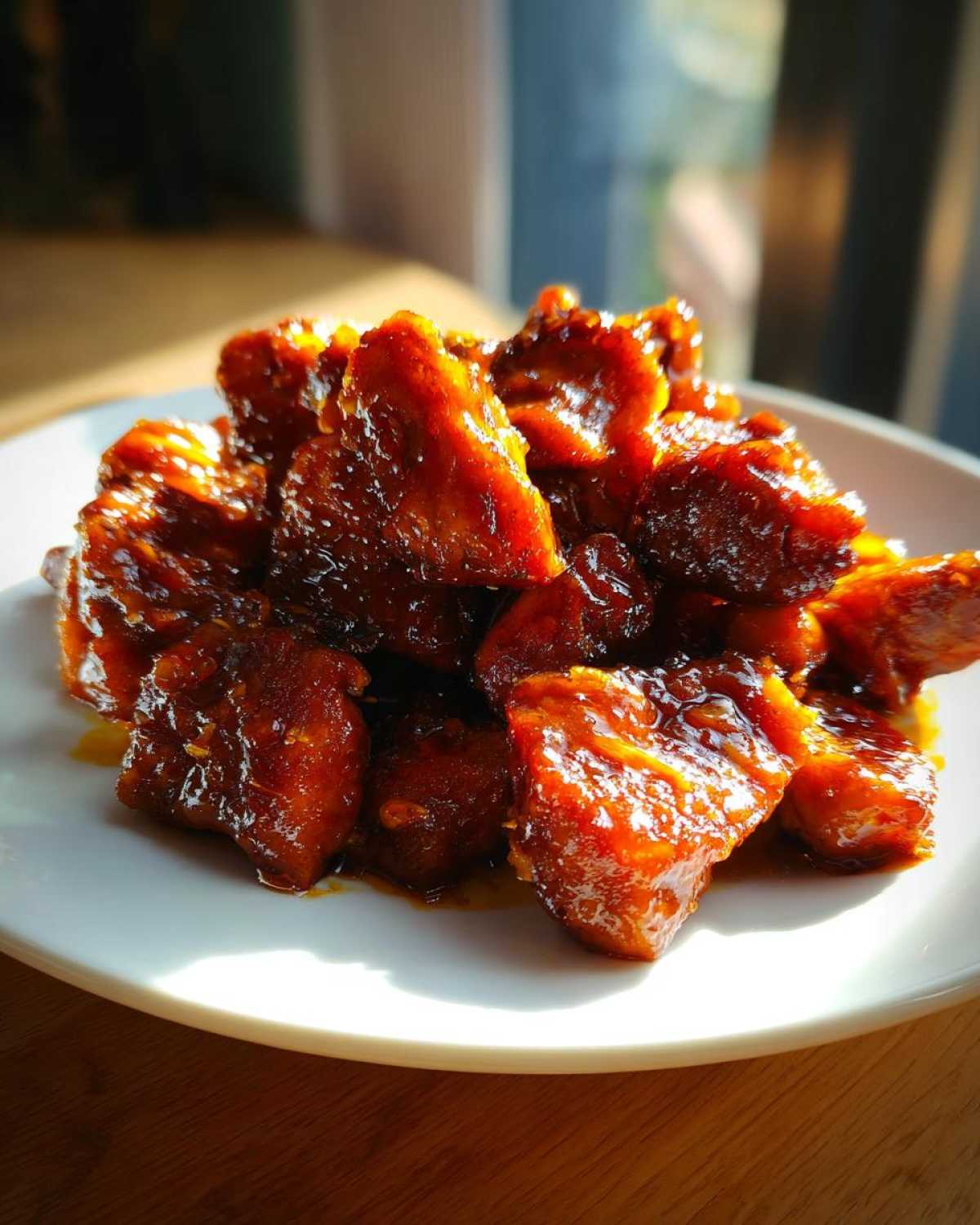 A mound of glistening, saucy Sticky Orange Chicken Thighs pieces piled high on a white plate.
