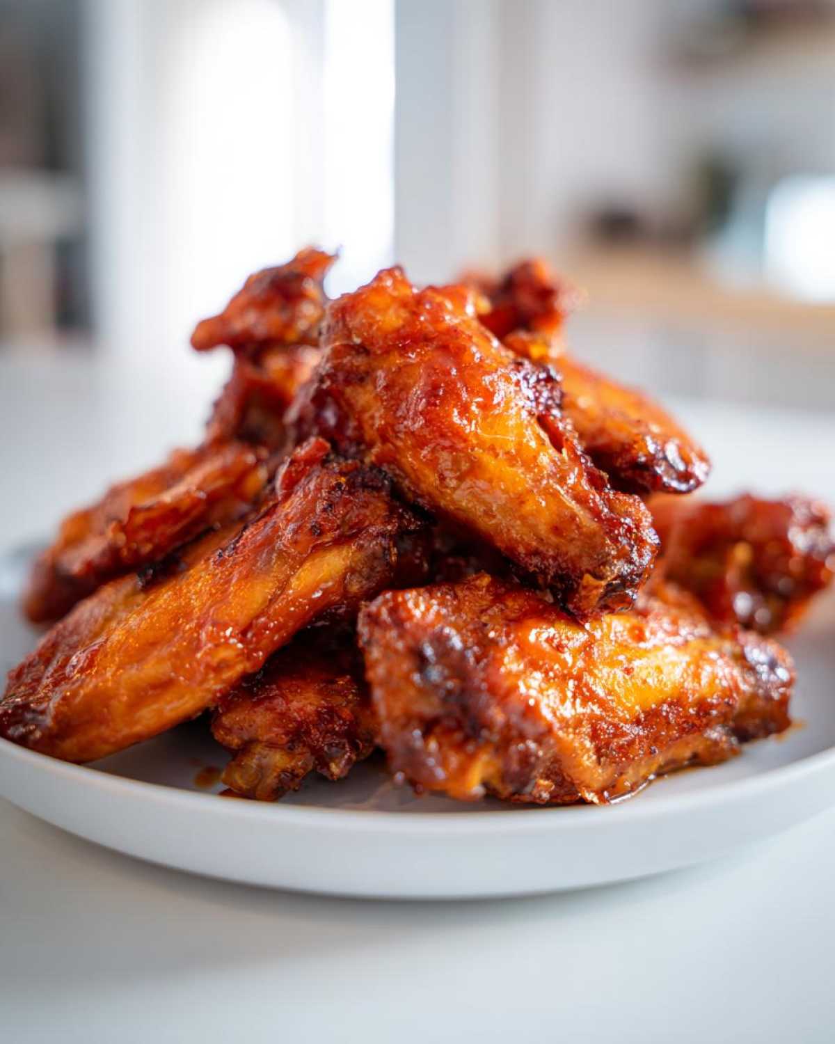 A close-up of a pile of Sticky Orange Chicken Wings Crispy Oven Style, glazed and glistening on a white plate.