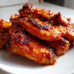 A close-up of several Sticky Orange Chicken Wings Crispy Oven Style piled on a white plate.