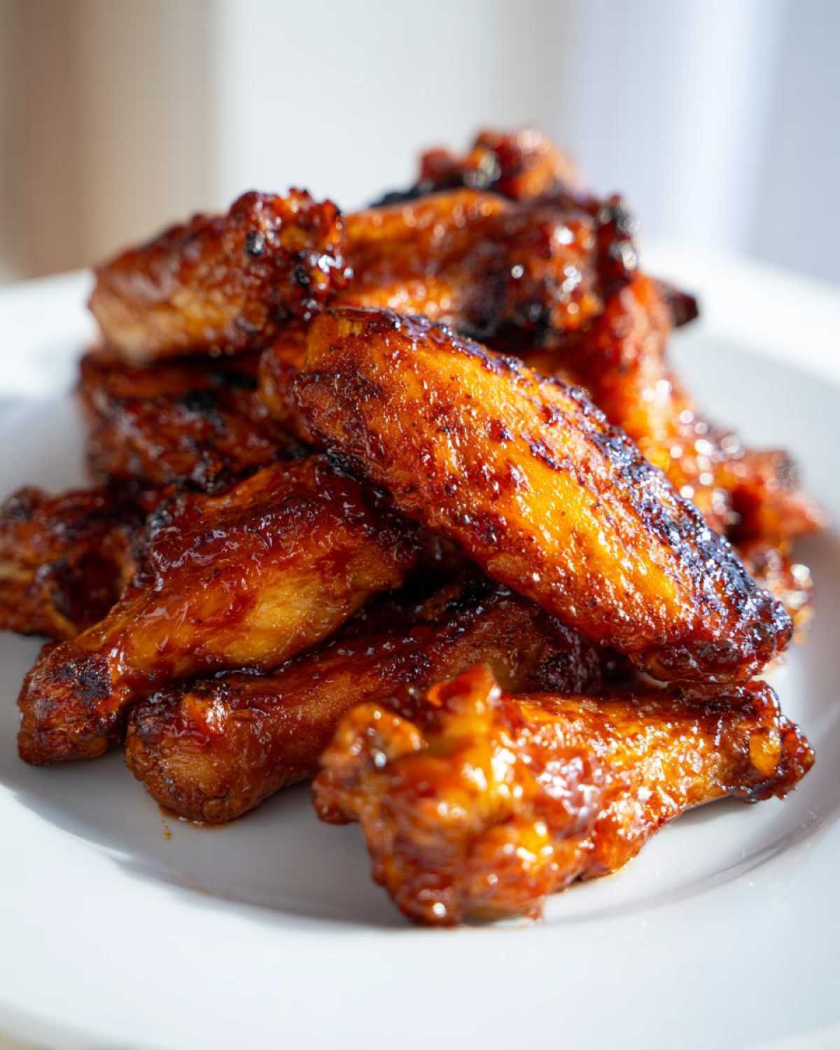 A close-up of a pile of perfectly baked Sticky Orange Chicken Wings Crispy Oven Style on a white plate.