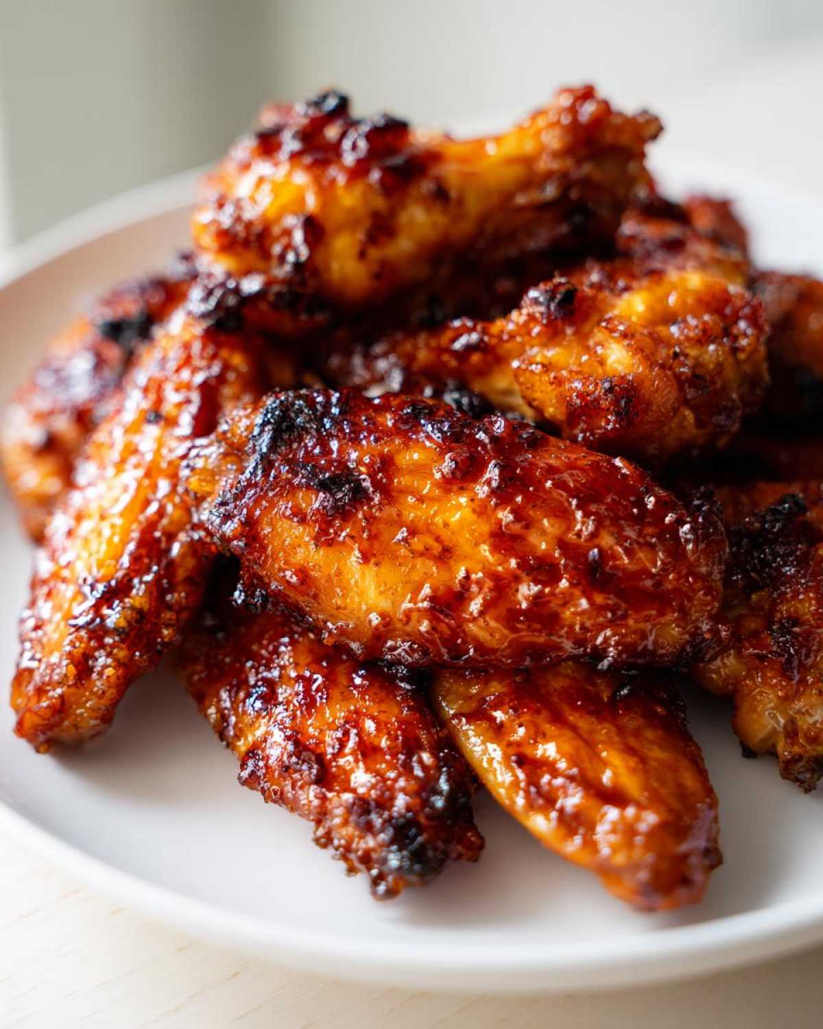 Close-up of a pile of Sticky Orange Chicken Wings Crispy Oven Style, coated in a dark, glossy glaze.
