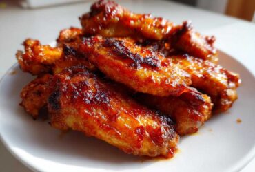 A close-up of several Sticky Orange Chicken Wings Crispy Oven Style piled on a white plate.