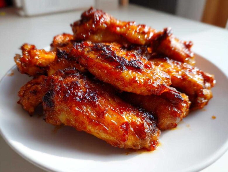 A close-up of several Sticky Orange Chicken Wings Crispy Oven Style piled on a white plate.