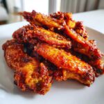 Close-up of freshly baked Sticky Orange Chicken Wings Crispy Oven Style piled on a white plate.