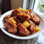 A white bowl filled with pieces of crispy chicken coated in a rich, sweet glaze and mixed with chunks of bright yellow pineapple, representing Sticky Pineapple Chicken.