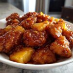 Close-up of Sticky Pineapple Chicken with Sweet Glaze, coated in a thick, glossy sauce with visible pineapple chunks.