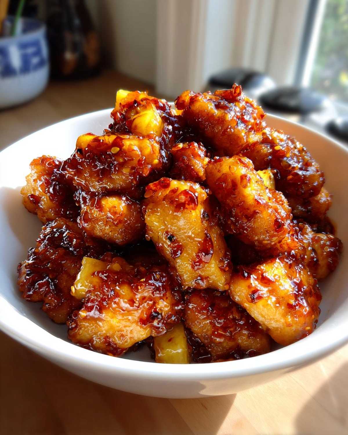 Close-up of crispy chicken pieces coated in a thick, glossy, reddish-brown sweet glaze, served in a white bowl, featuring Sticky Pineapple Chicken.