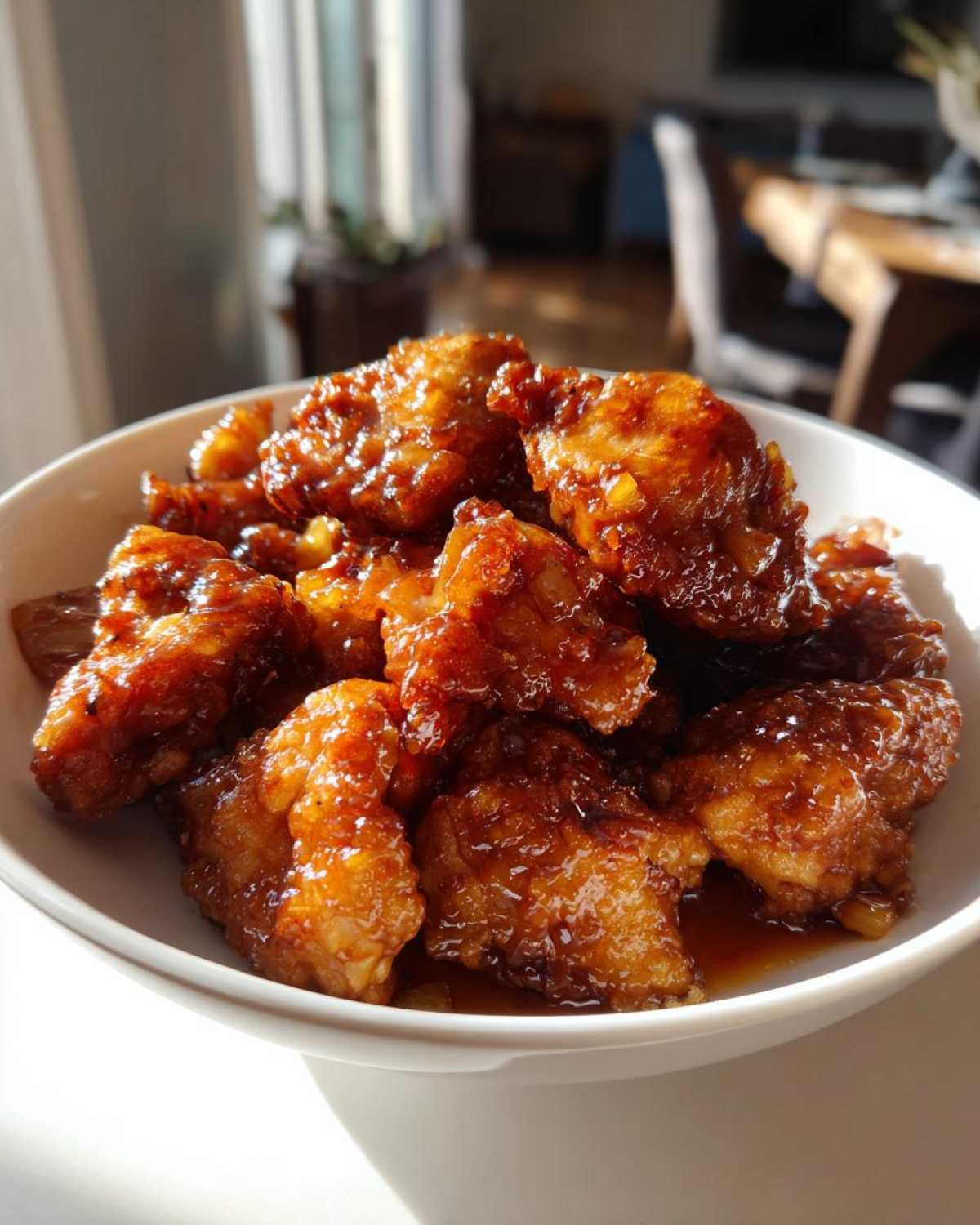A white bowl filled with glistening pieces of Sticky Pineapple Chicken with Sweet Glaze, coated in a thick, amber sauce.