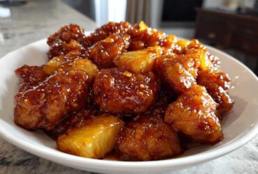 Close-up of Sticky Pineapple Chicken with Sweet Glaze, coated in a thick, glossy sauce with visible pineapple chunks.