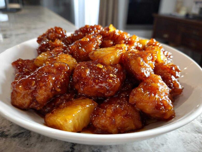 Close-up of Sticky Pineapple Chicken with Sweet Glaze, coated in a thick, glossy sauce with visible pineapple chunks.