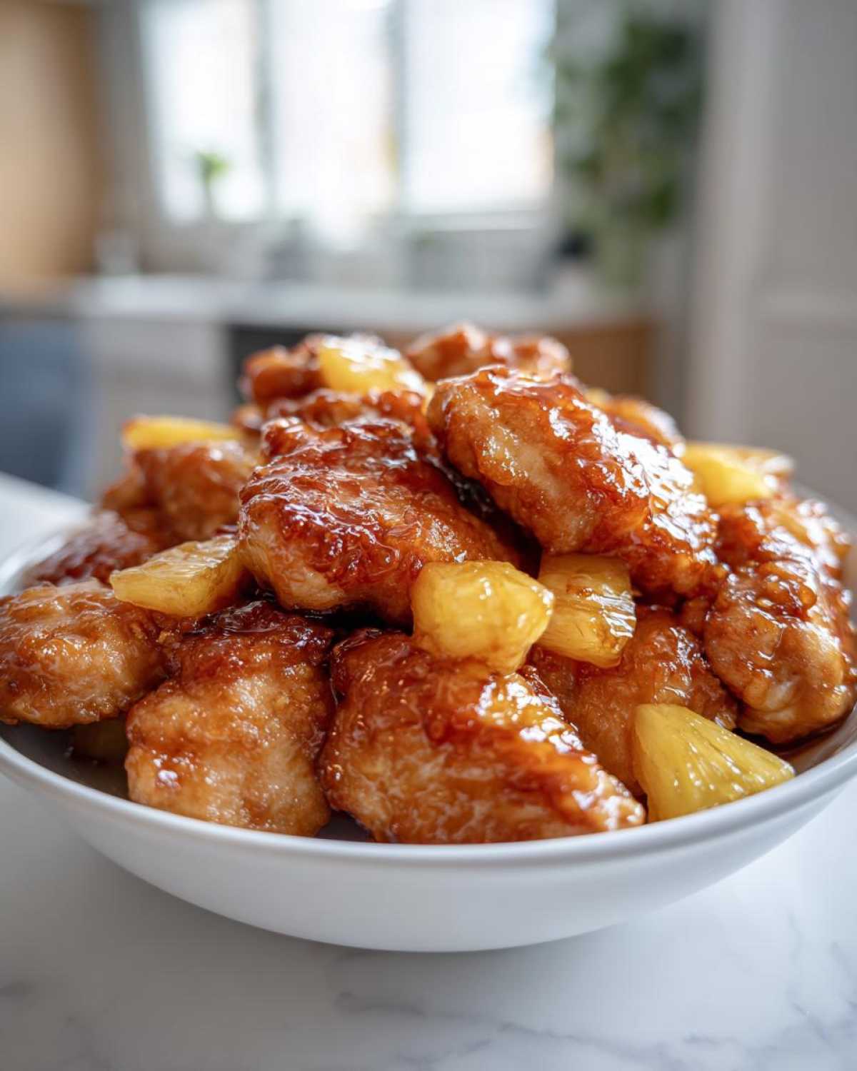 Close-up of crispy chicken pieces coated in a sweet glaze with chunks of pineapple, served in a white bowl, featuring Sticky Pineapple Chicken.