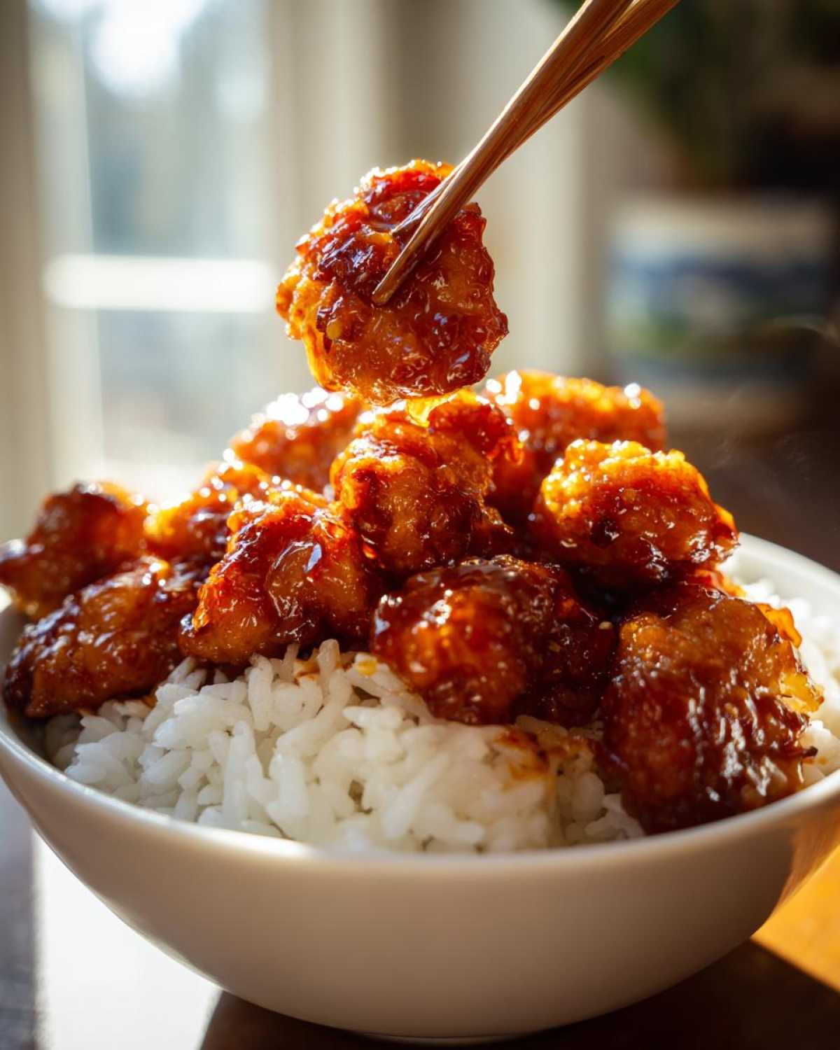 A piece of Sticky Sweet Chili Chicken Bowl being lifted with chopsticks over a bowl of white rice.