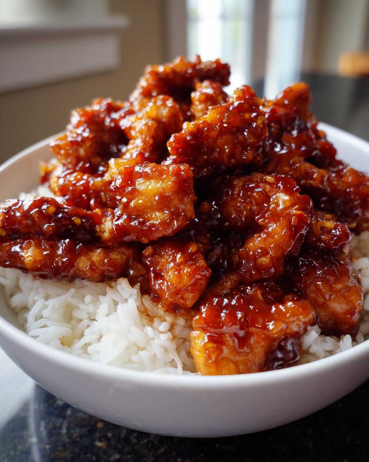 Close-up of a white bowl filled with fluffy white rice topped generously with pieces of Sticky Sweet Chili Chicken Bowl.