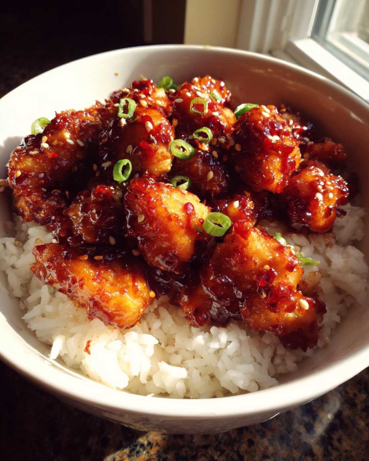 Close-up of a Sticky Sweet Chili Chicken Bowl featuring glazed chicken pieces over white rice, topped with sesame seeds and green onions.