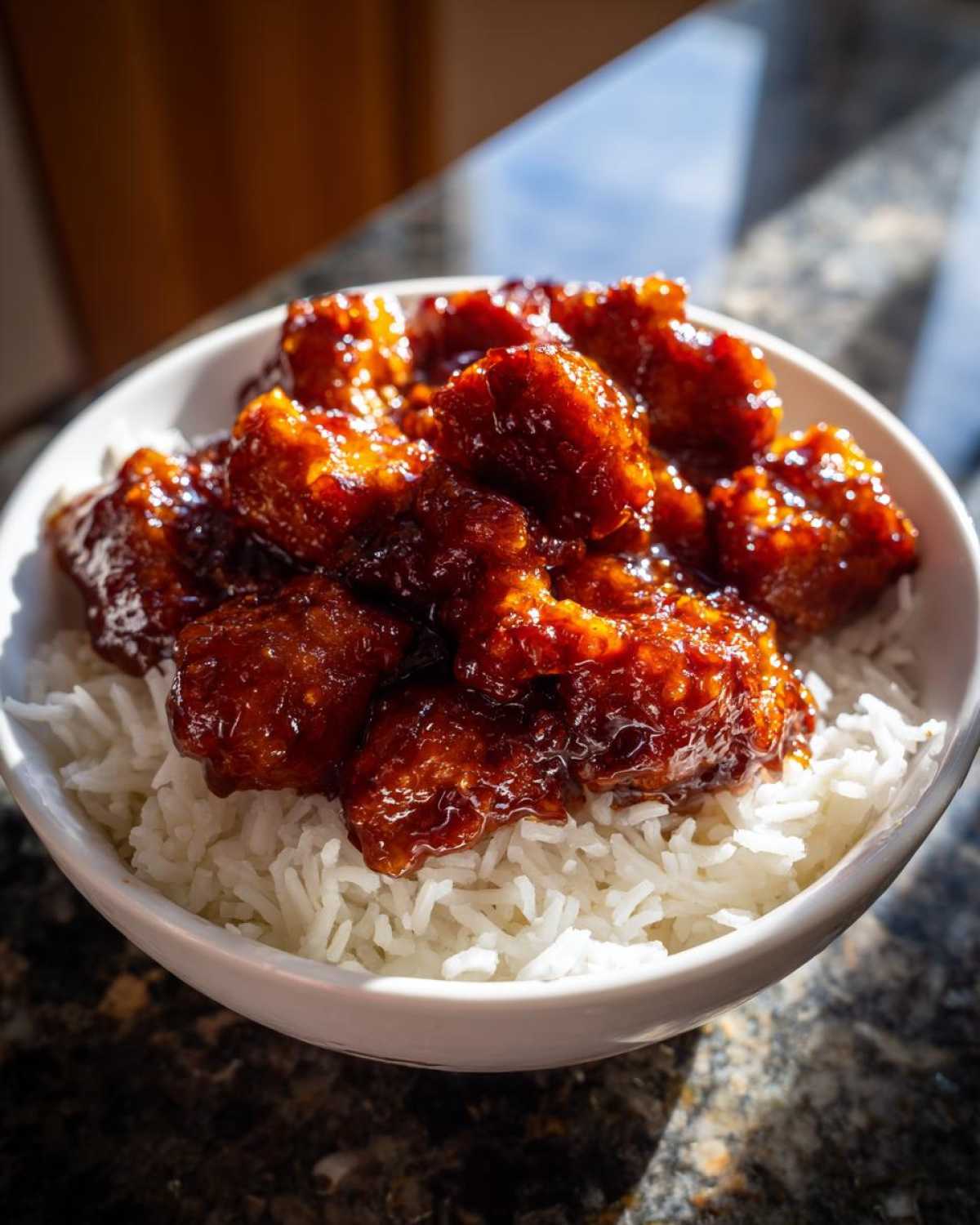 Close-up of a white bowl filled with white rice topped with glistening, saucy Sticky Sweet Chili Chicken.