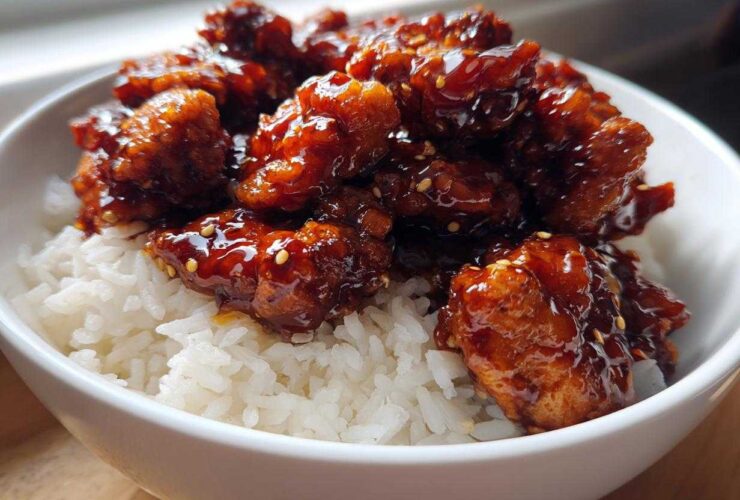 Close-up of a white bowl filled with white rice topped generously with pieces of Sticky Sweet Chili Chicken Bowl.