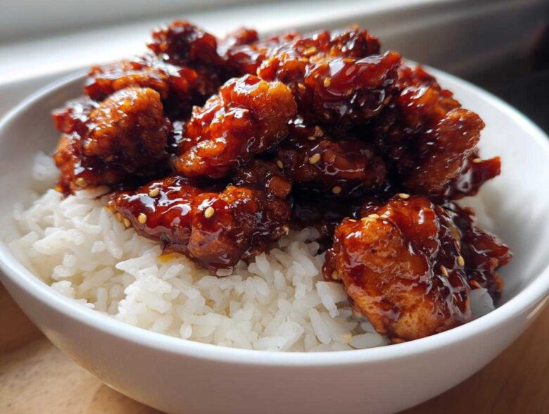 Close-up of a white bowl filled with white rice topped generously with pieces of Sticky Sweet Chili Chicken Bowl.