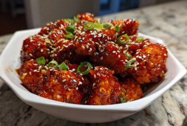 Close-up of Sticky Sweet Chili Chicken Easy Recipe pieces coated in glossy sauce, topped with sesame seeds and green onions.