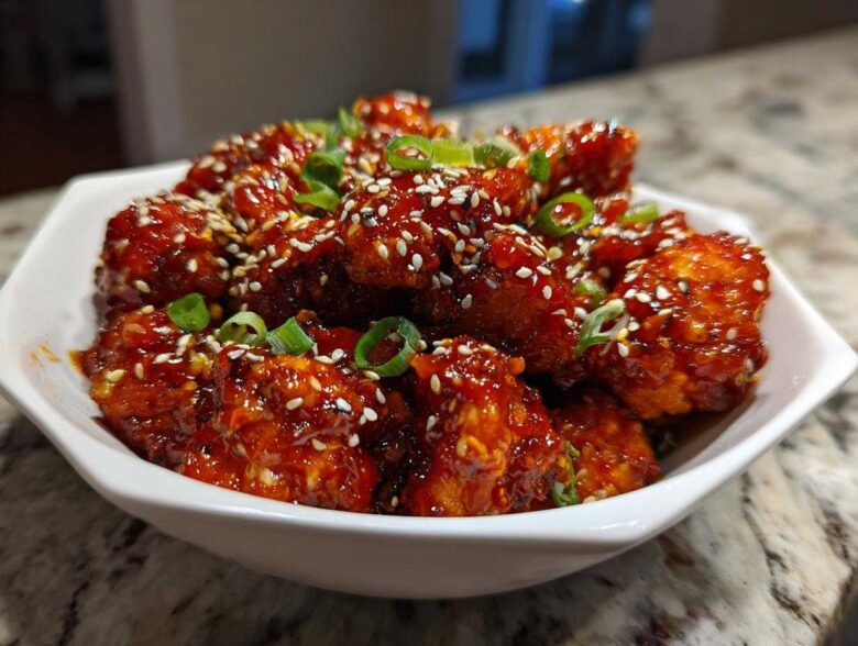 Close-up of Sticky Sweet Chili Chicken Easy Recipe pieces coated in glossy sauce, topped with sesame seeds and green onions.