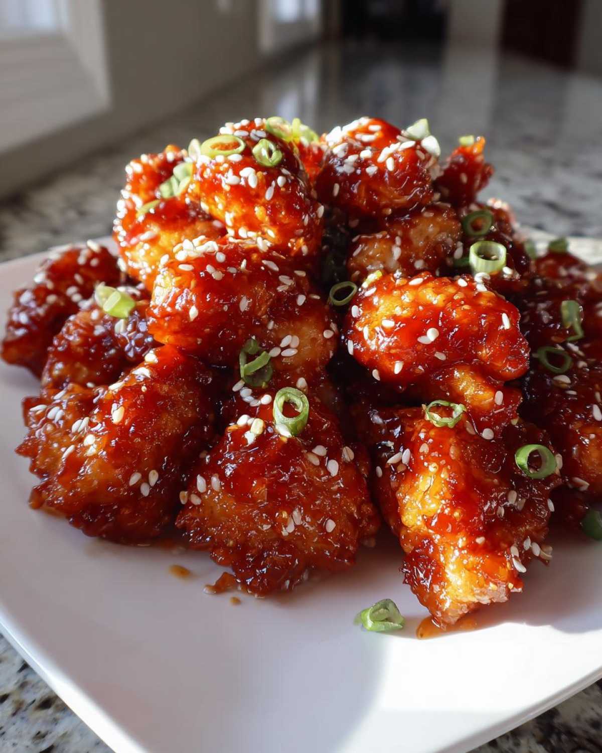Close-up of Sticky Sweet Chili Chicken Easy Recipe pieces coated in glossy sauce, topped with sesame seeds and green onions.