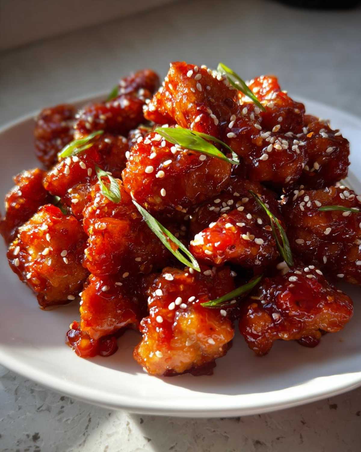 A close-up of crispy chicken pieces coated in a glossy sauce for Sticky Sweet Chili Chicken Easy Recipe, garnished with sesame seeds and green onions.