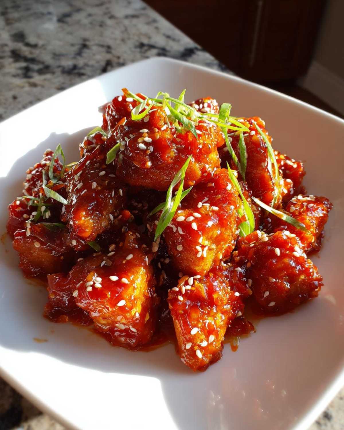 Close-up of Sticky Sweet Chili Chicken Easy Recipe pieces coated in glossy sauce, topped with sesame seeds and green onions.