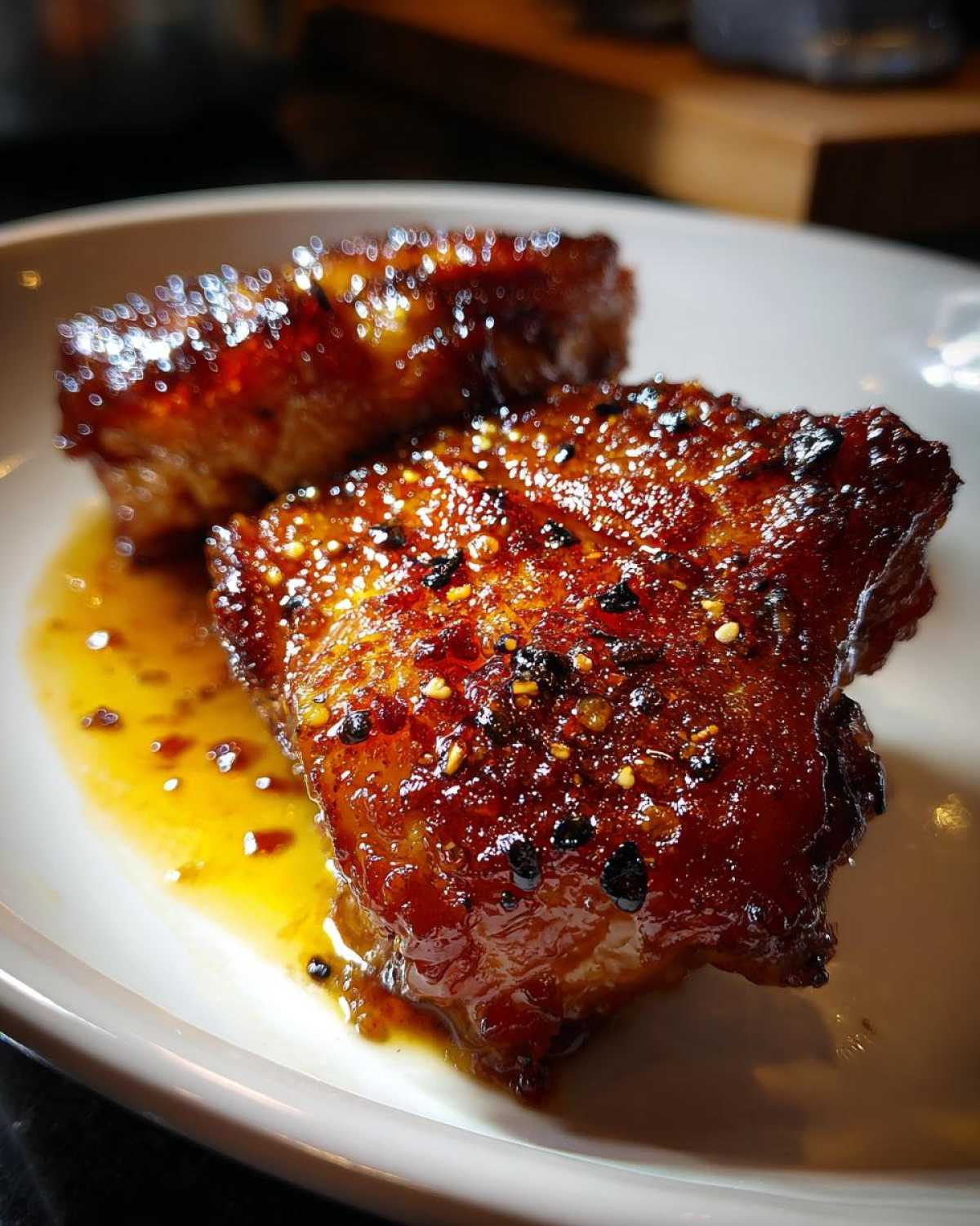 Two pieces of Sticky Sweet Chili Chicken Thighs Oven Baked glistening with a thick, caramelized glaze and chili flakes.