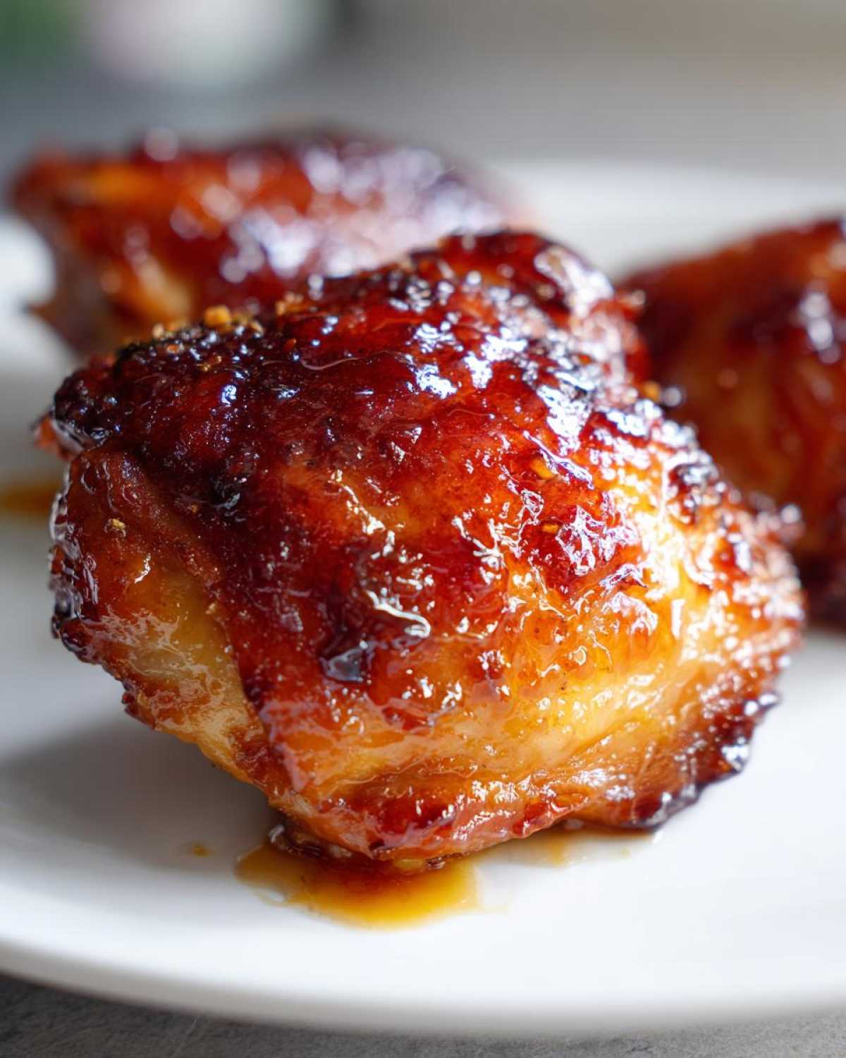 Close-up of a perfectly glazed chicken thigh coated in sticky sweet chili sauce, fresh from the oven.