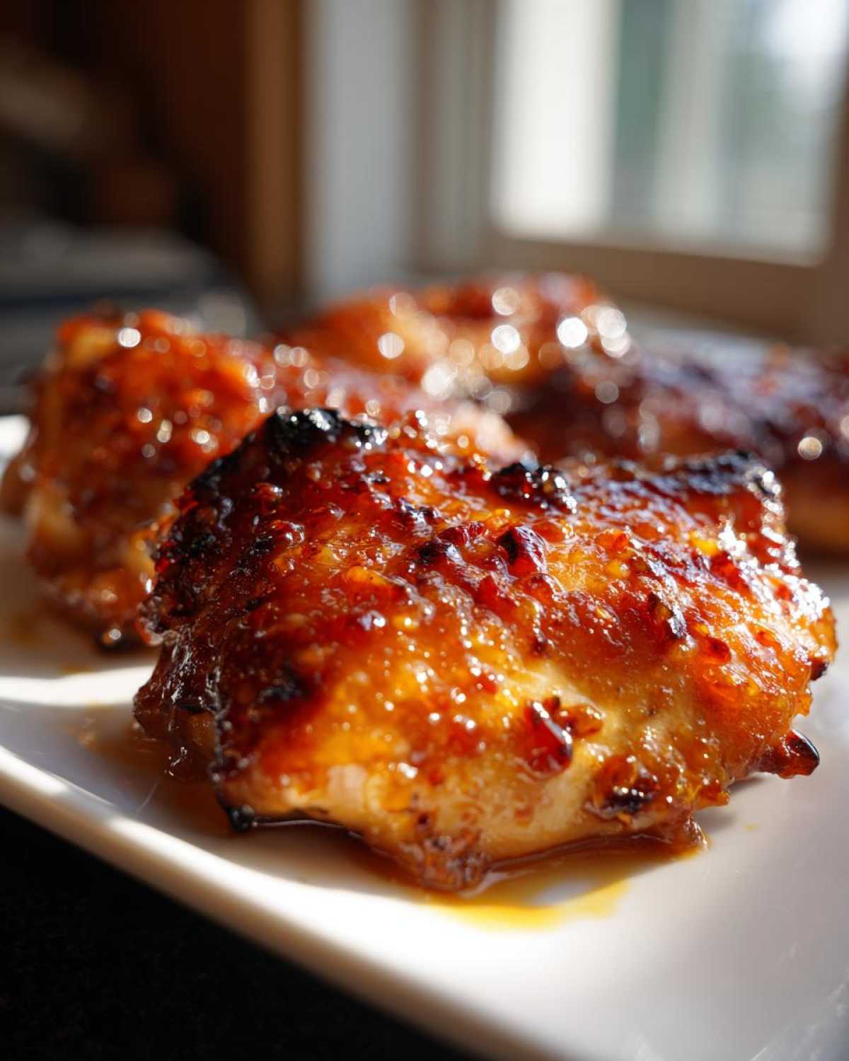 Close-up of oven baked Sticky Sweet Chili Chicken Thighs with a glossy, caramelized glaze.