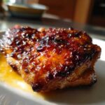 Close-up of a perfectly glazed Sticky Sweet Chili Chicken Thighs Oven Baked, glistening under light.