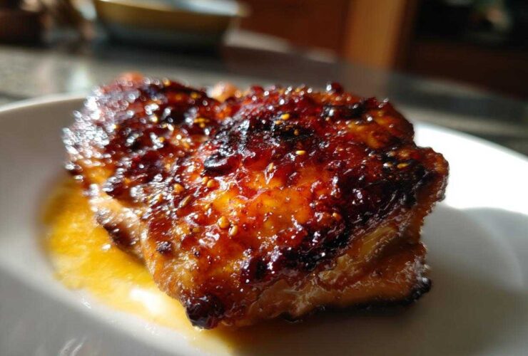 Close-up of a perfectly glazed Sticky Sweet Chili Chicken Thighs Oven Baked, glistening under light.