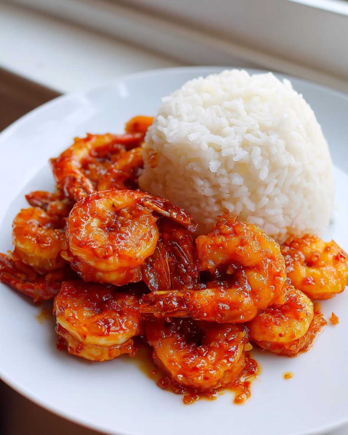 Close-up of Sticky Sweet Chili Shrimp with Rice served on a white plate, showing glossy, saucy shrimp.
